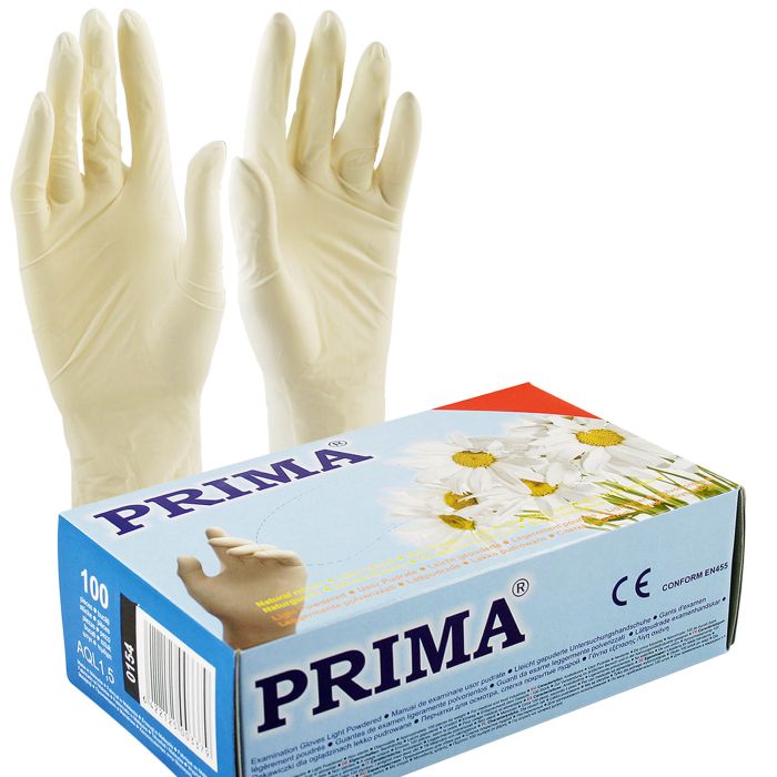 PRIMA Latex examination gloves, light powdered, sizes XS-XL, 100 pieces