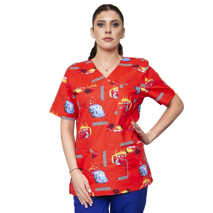 VED Print unisex medical scrub, short sleeve, 3 pockets, pediatric model with cars