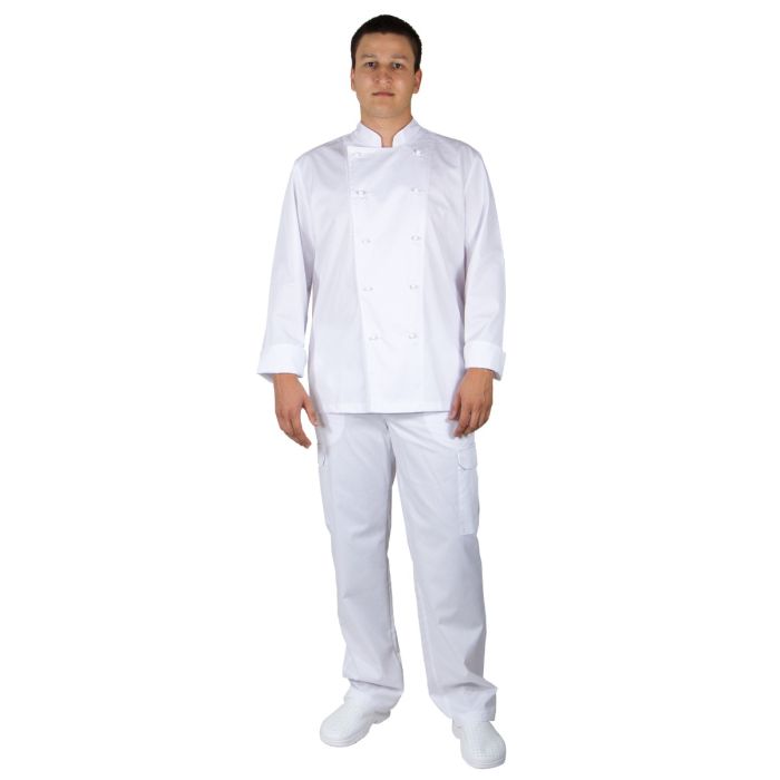 DIMA Premium men's chef shirt, long sleeve, tunic collar, buttons, white