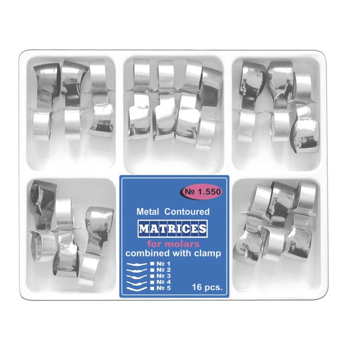 Contoured metal matrices with fixing clamp for molars/premolars, 5 types, 16 pieces