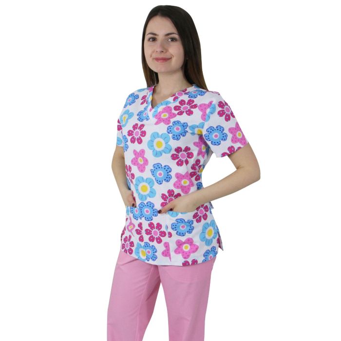 Women medical scrub, CLARA Print, short sleeve, 2 pockets, blue/pink flowers