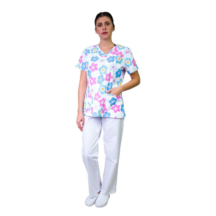 Women medical scrub TINA Print, short sleeve, 2 pockets, blue/pink flowers