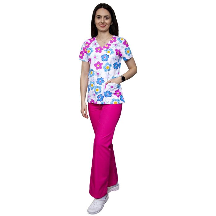 Women medical scrub, MIRA Print, short sleeve, 2 pockets, blue/pink flowers