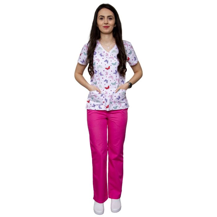 Women medical scrub, MIRA Print, short sleeve, 2 pockets, butterflies and flowers