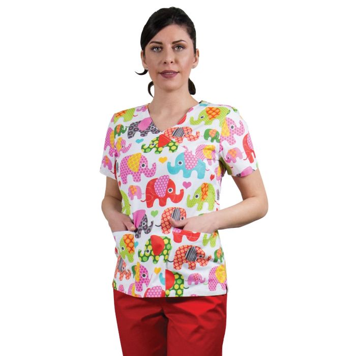 Women medical scrub, MIRA Print, short sleeve, 2 pockets, colored elephants