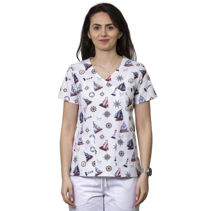 Women medical scrub, MIRA Print, short sleeve, 2 pockets, boats