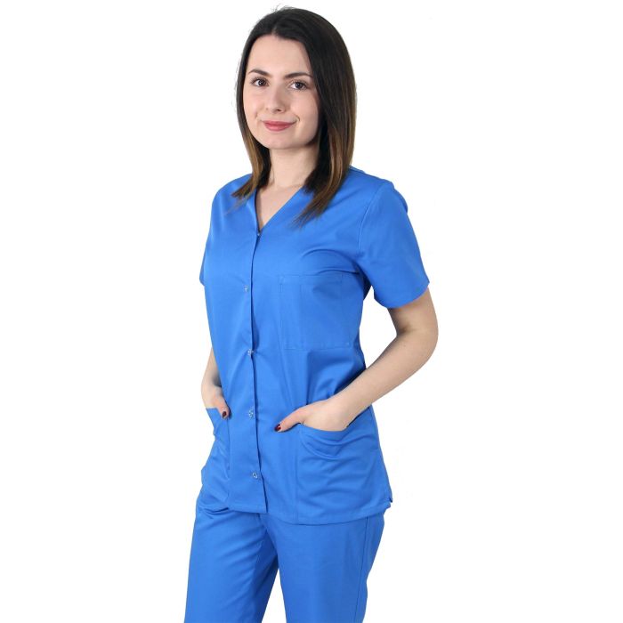 Work Uniforms/PROFESSIONAL UNIFORMS/Women`s Blouses and Coats - Womens medical scrub, VERA Premium, short sleeve, buttons, 3 pockets