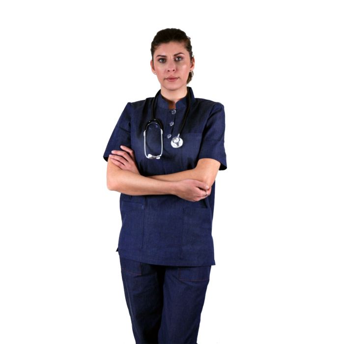 TEO Denim unisex medical scrub, short sleeve, buttons, 3 pockets, denim