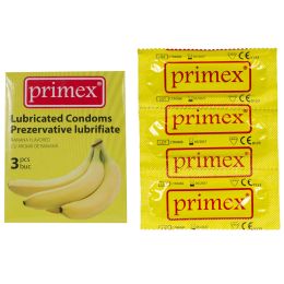 Medical practice/GYNECOLOGY/Contraception - PRIMEX Banana flavored condoms, rubber/latex, 3 pieces/pack