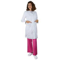 MIA Premium women long medical scrub, long sleeve, buttons, 2 pockets, white, 2XL