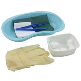Small surgical kit with catheter, surgery drape, forceps and tray, sterile