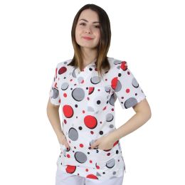 Women's medical scrub, PRIMA Print, short sleeves, 3 pockets, red dots, XS