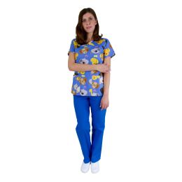 Women medical scrub TINA Print, short sleeve, 2 pockets, blue design with puppies, XL

