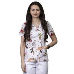 Women medical scrub, MIRA Print, short sleeve, 2 pockets, cats 1, XL