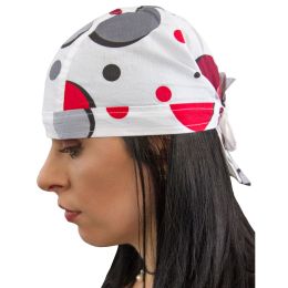 Modern medical scrub cap, 125g/m2, with ties, polycotton, red dots design