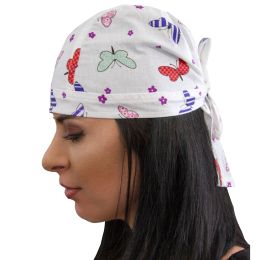 Modern medical scrub cap, 125g/m2, with ties, polycotton, butterfly and flowers design
