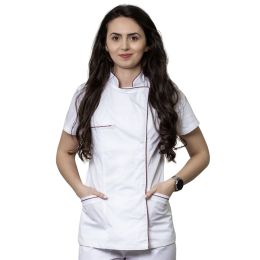 Work Uniforms/PROFESSIONAL UNIFORMS/Women`s Blouses and Coats - Women medical scrub, tunic, ELA Premium, short sleeve, buttons, 3 pockets, white, garnet border, XS