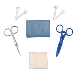 Sterile kit for birth, with operating field, compresses, forceps and umbilical clamp, PRIMA