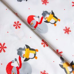 Textile fabric, cotton, snowmen and penguins/white, 2.4 x 1m